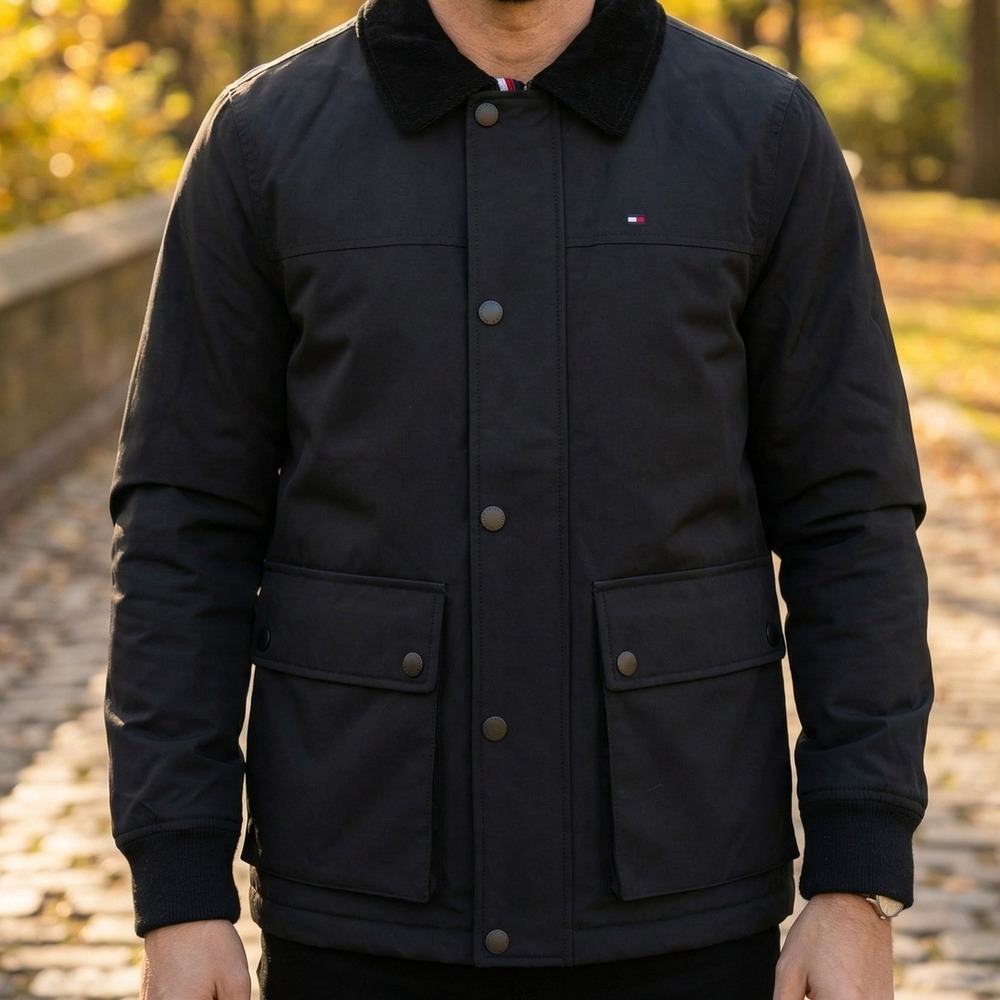 Tommy Hilfiger Mens Black Barn Jacket Water Resistant Plaid Lined Field Coat S